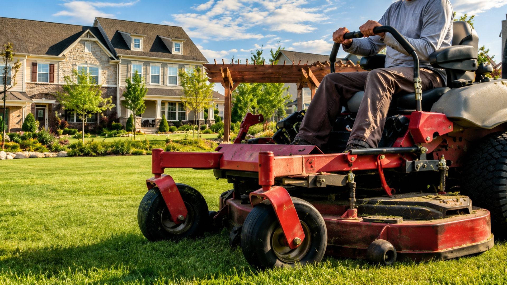 Person mowing a green lawn with a red riding mower in front of a large house