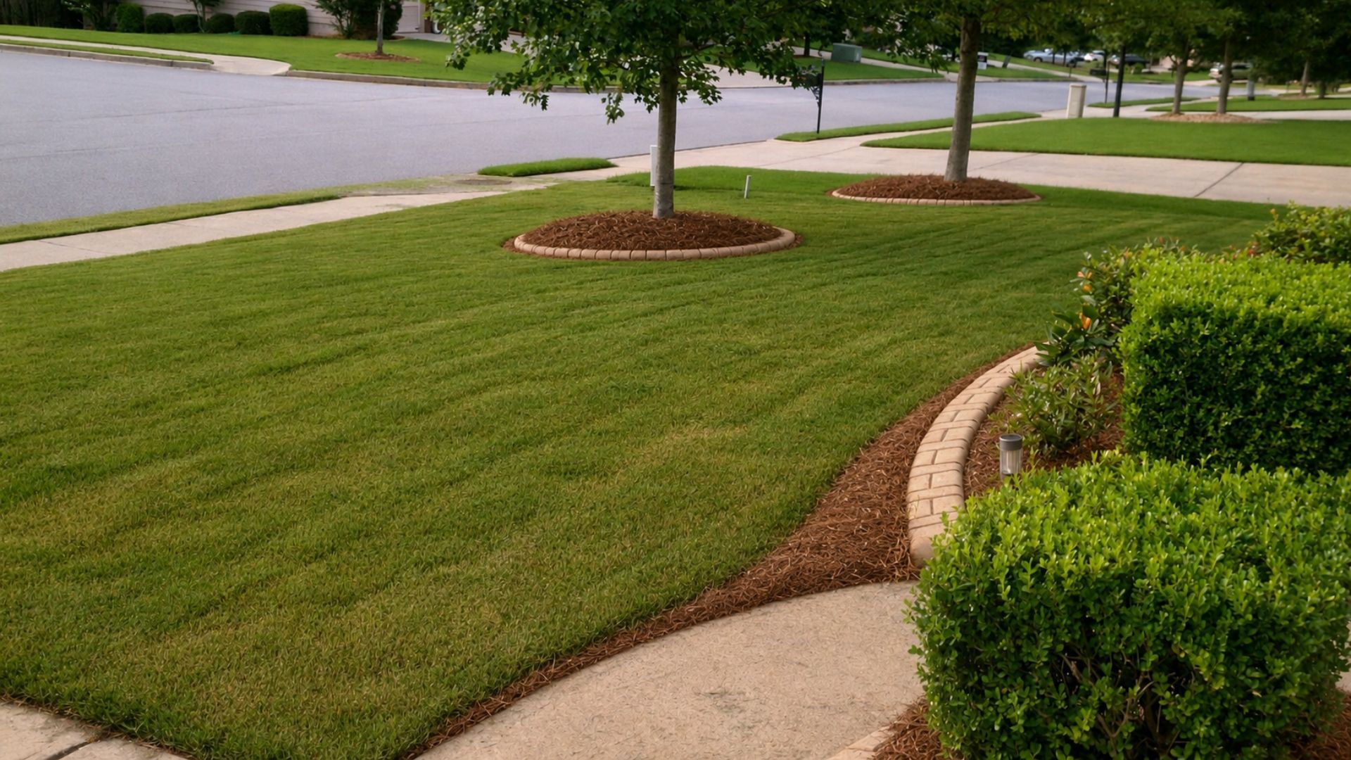 Curved sidewalk beside a neatly trimmed lawn and shrubs in a suburban neighborhood.