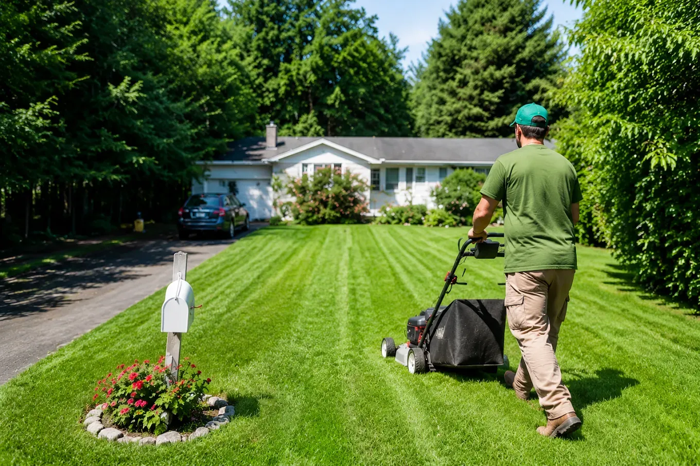 Person mowing a striped front lawn with a push mower outside a suburban house