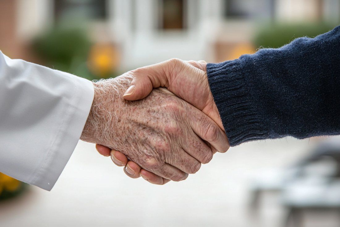 Close-up handshake with supportive staff member at Spanaway, WA funeral home and cremations, symbolizing care and guidance.