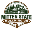 Mitten State Mulching Co. logo with green bulldozer and Michigan silhouette in brown and green