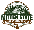 Mitten State Mulching Co. logo with green bulldozer and Michigan silhouette in brown and green