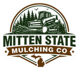 Mitten State Mulching Co. logo with green bulldozer and Michigan silhouette in brown and green