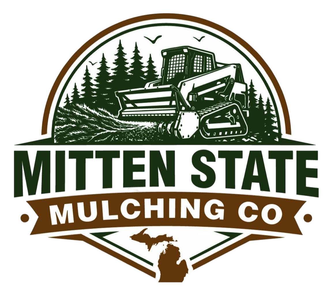 Mitten State Mulching Co. logo with green bulldozer and Michigan silhouette in brown and green