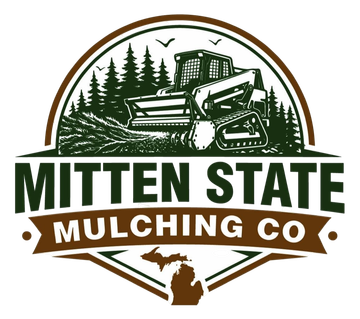 Mitten State Mulching Co. logo with green bulldozer and Michigan silhouette in brown and green