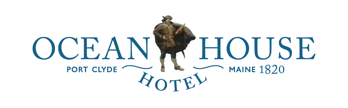 Ocean House Hotel logo with blue text, gold lion crest, and “Port Clyde, Maine 1820” tagline