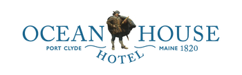 Ocean House Hotel logo with teal text and a central emblem on a white background