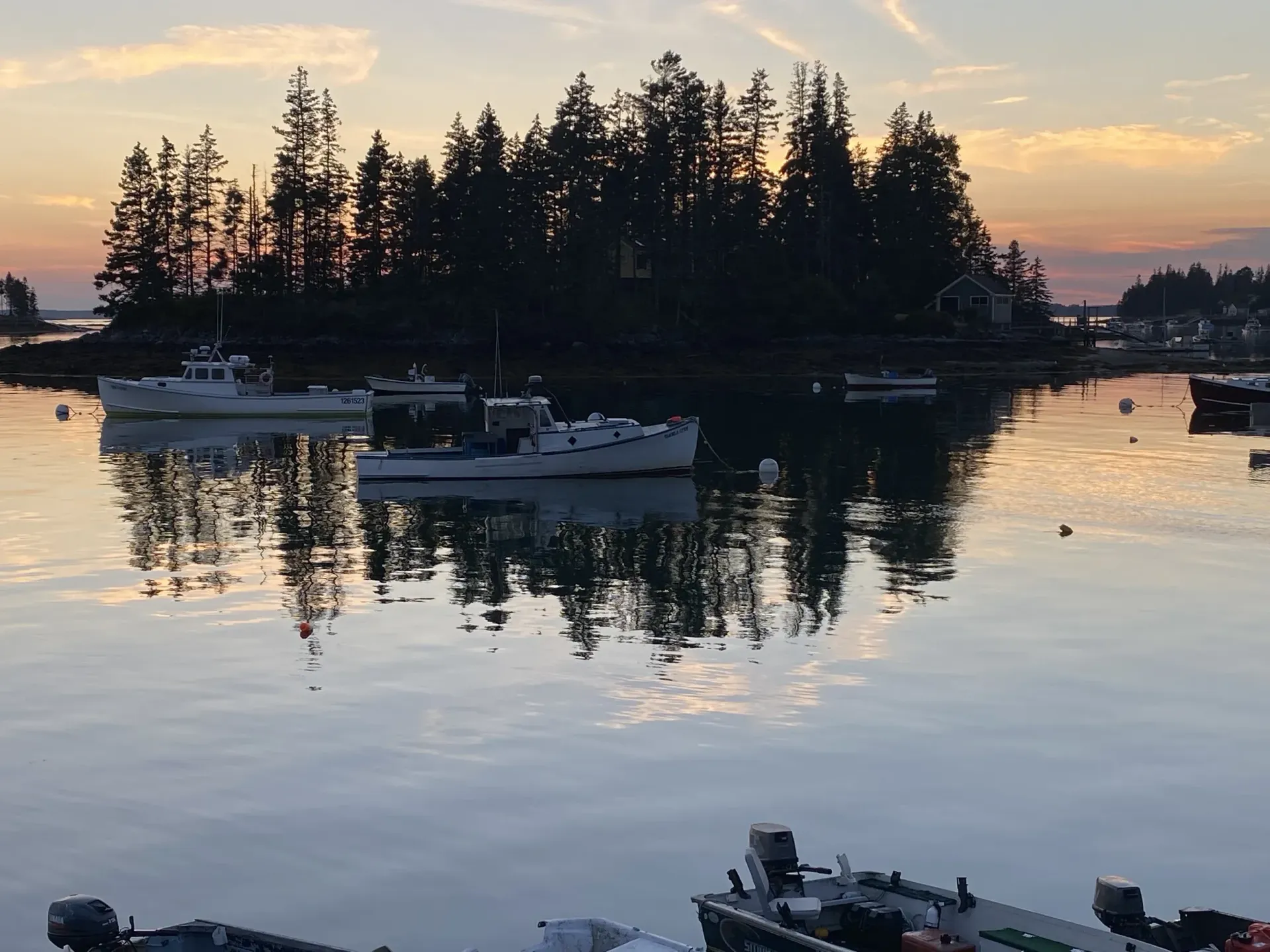 Small boats at sunset near a tree-covered island, reflected on calm water.