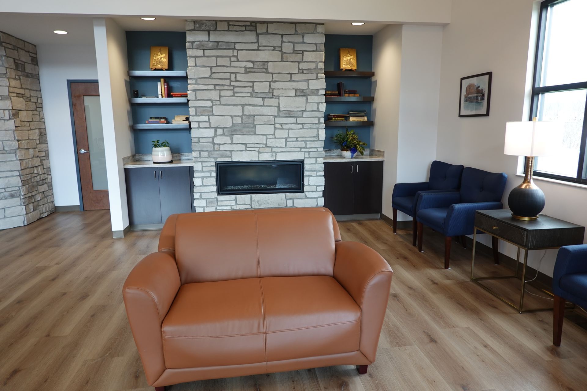 Cozy fireplace and seating
