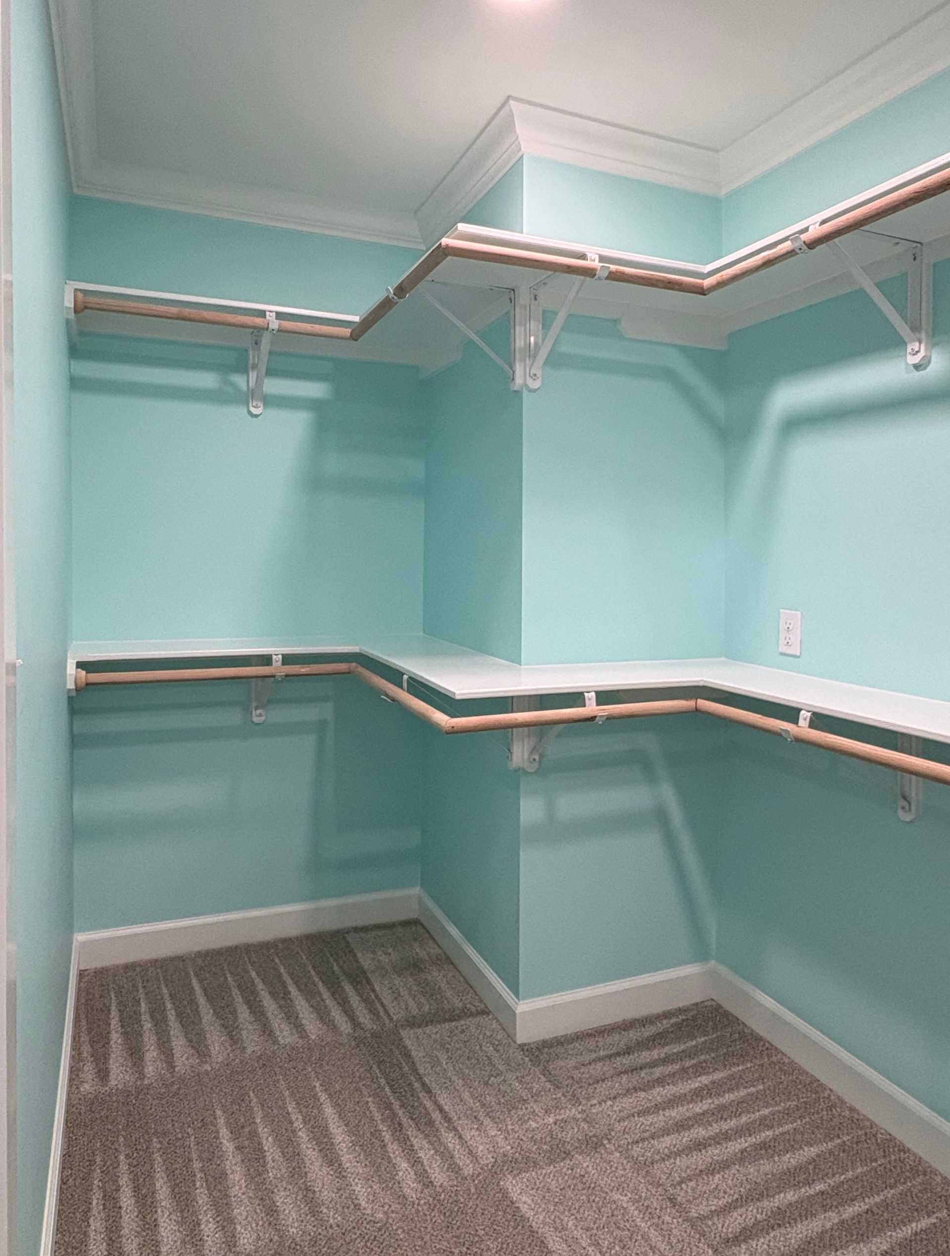 Empty, light blue walk-in closet with shelves and hanging rods. Tan carpet, white trim.