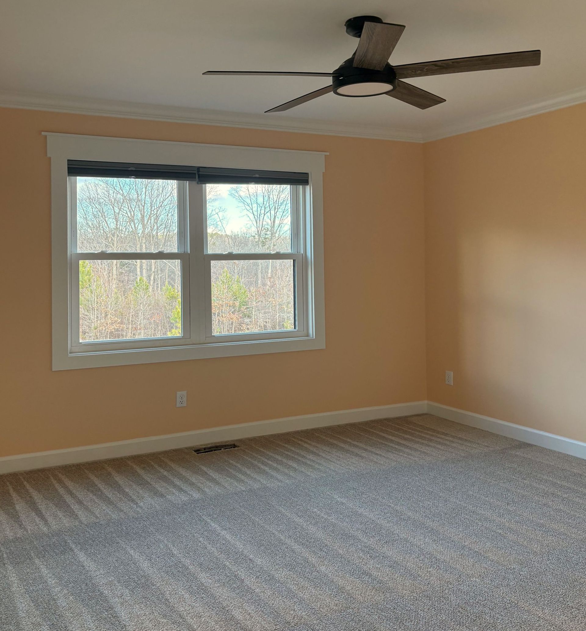 Empty room with tan walls, white trim, and a window overlooking trees. A ceiling fan is visible.