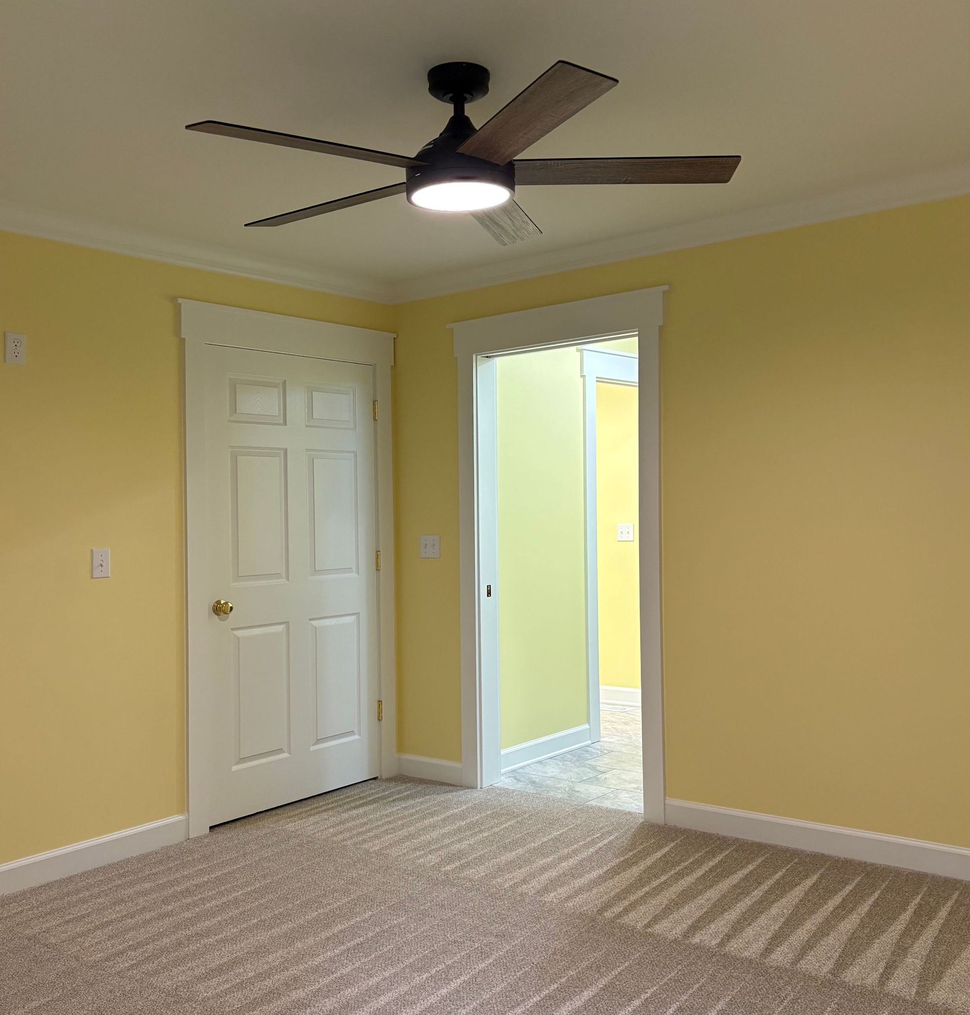 Room with yellow walls, white trim, carpet, and a ceiling fan. A closed white door and an open doorway are visible.