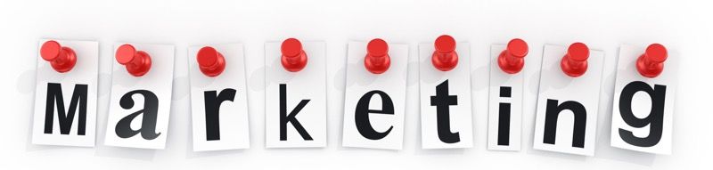 The word marketing is written in red letters on a white background