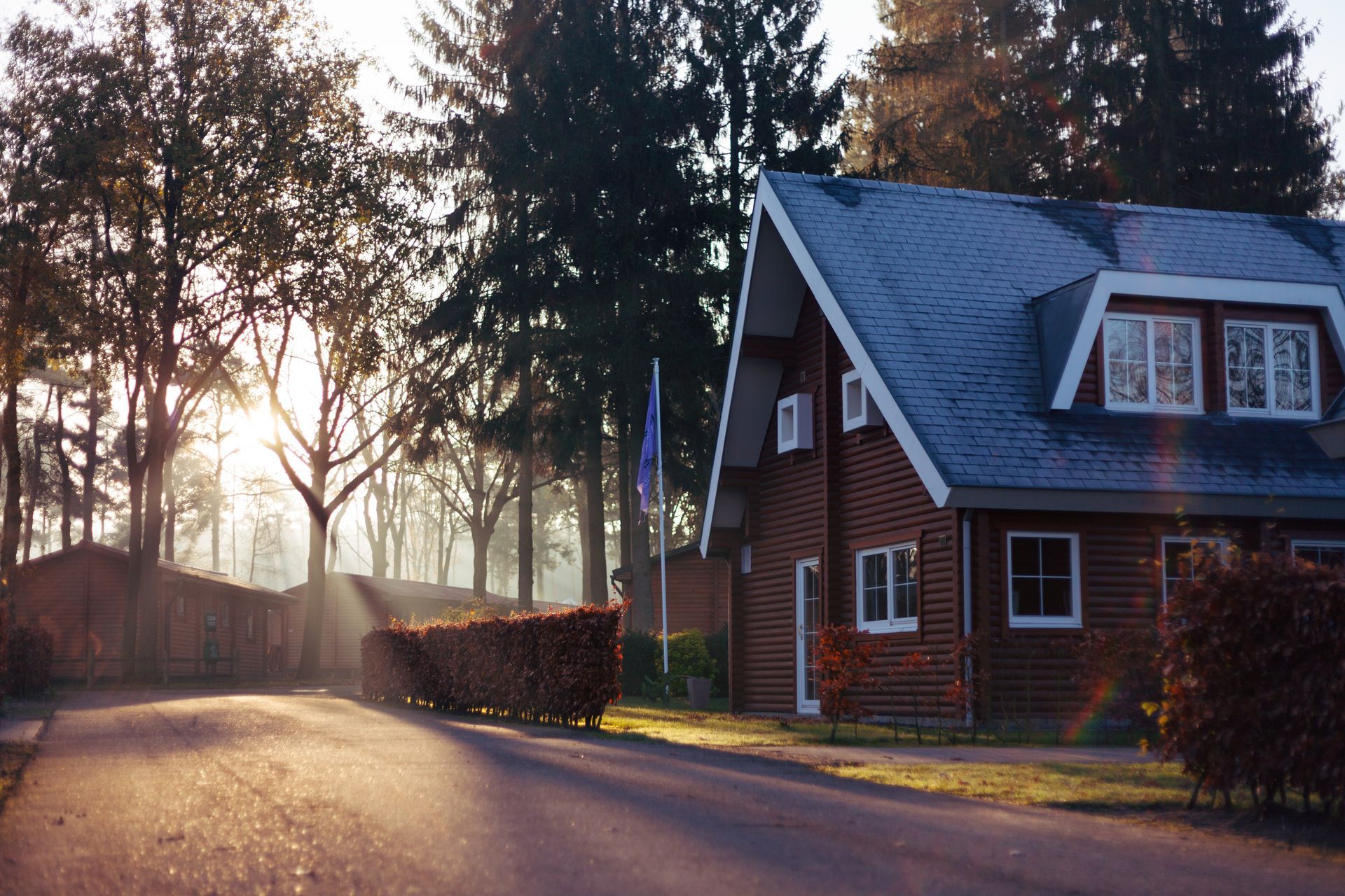 The sun is shining through the trees in front of a house.
