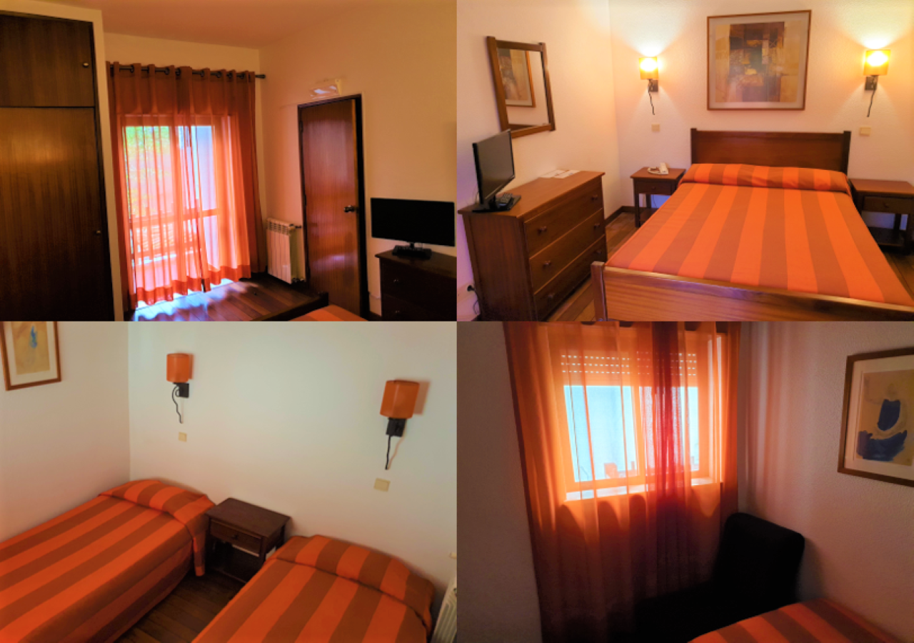 Uma colagem de quatro fotos de um quarto com cortinas laranja