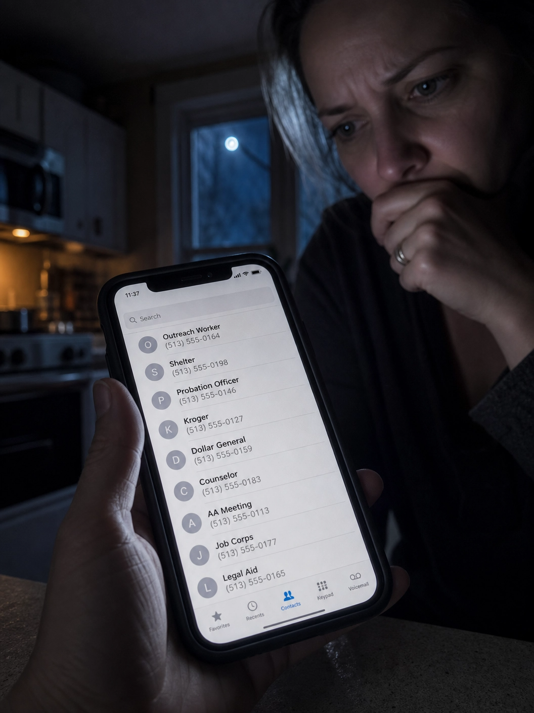 a cluttered smartphone screen showing many contact names and numbers labeled like outreach workers..
