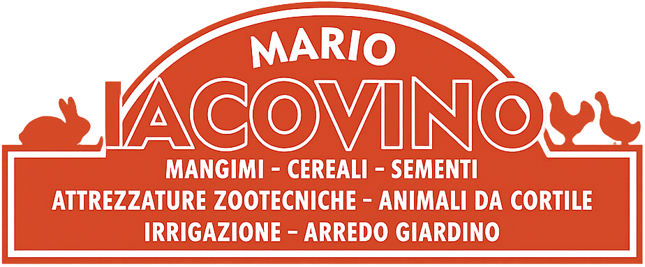 Logo per Mario Iacovino: arancione con testo, coniglio, polli; vende mangimi per animali e articoli per il giardinaggio.