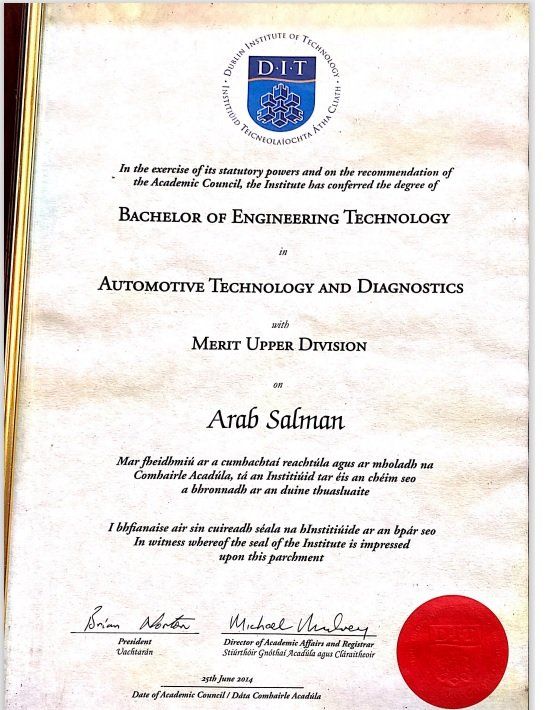 A Dublin Institute of Technology Bachelor of Engineering Technology degree certificate awarded to Arab Salman in 2014.