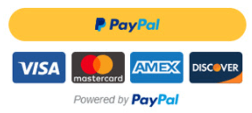 PayPal button and logos for Visa, Mastercard, American Express, and Discover, with 