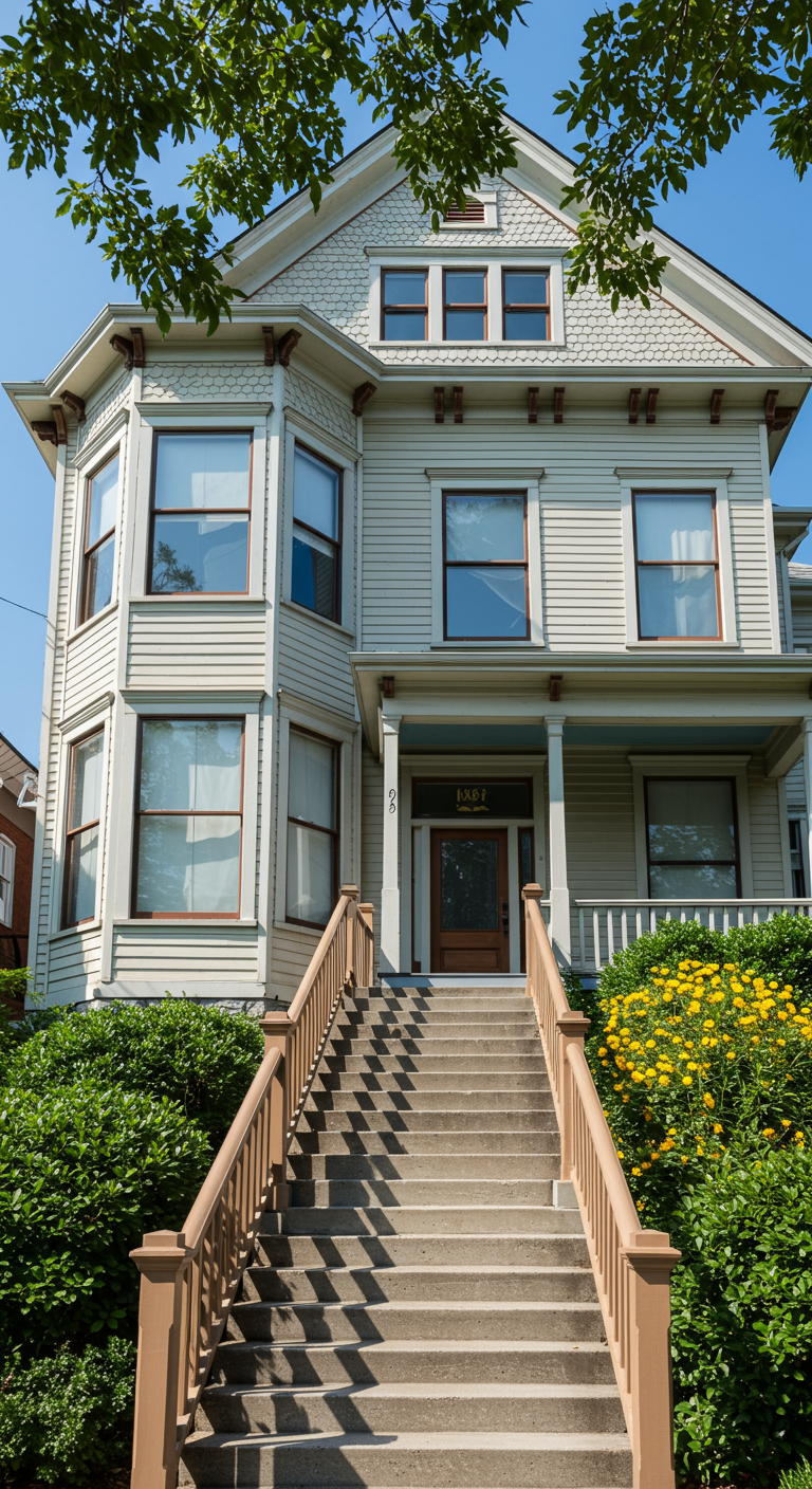 A light-colored Victorian house with a bay window and stairs leading to a front porch, framed by green trees and bushes.