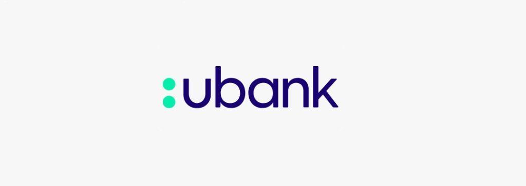 A blue and green logo for ubank on a white background.
