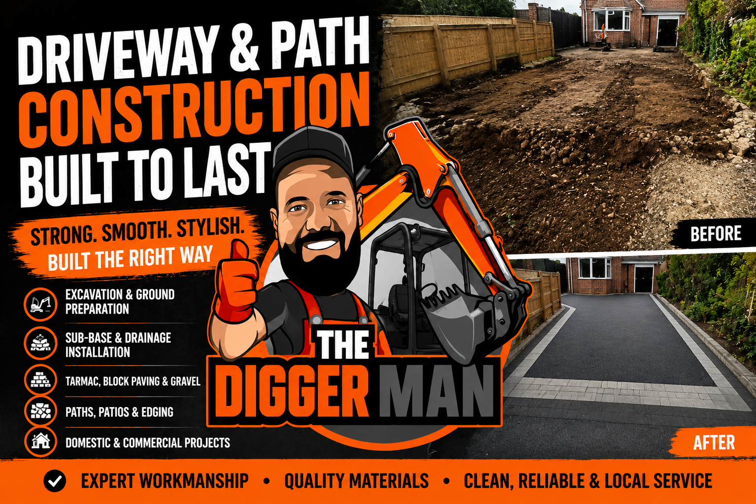 Driveway and path construction ad with excavator, gravel driveway, and bold orange text for “The Digger Man”