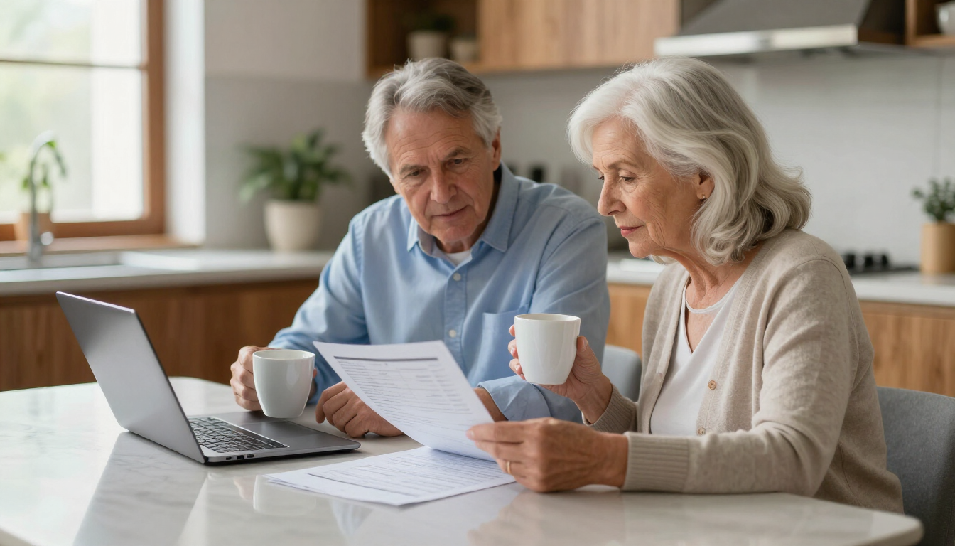 Two people reviewing documents at a kitchen table with a laptop and mugs.