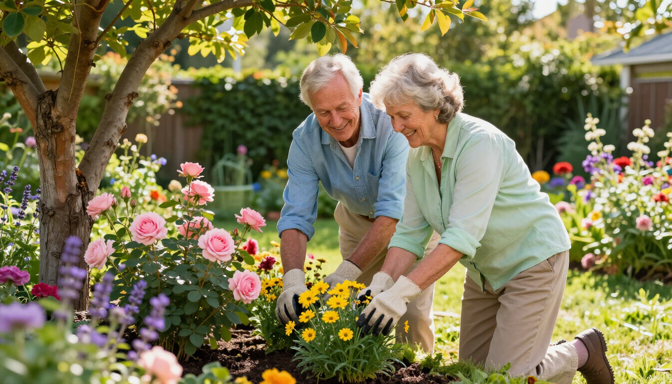 Senior hands planting a seedling in a sunny garden bed.