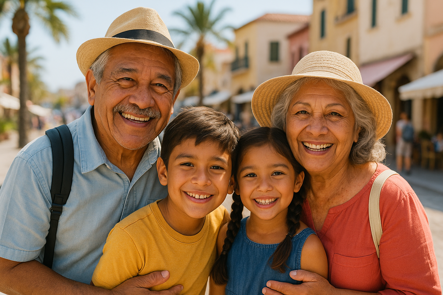 An elderly couple and two children are posing for a picture.