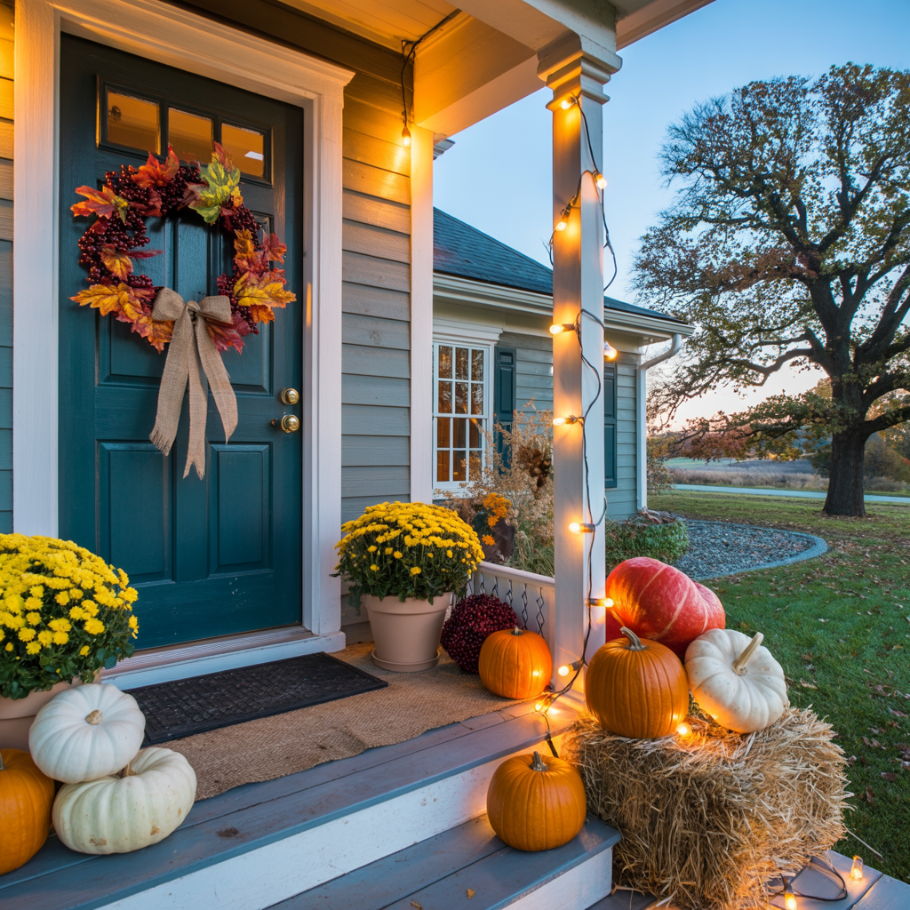 Fall porch decorated with pumpkins, mums, and a wreath, lit by string lights.