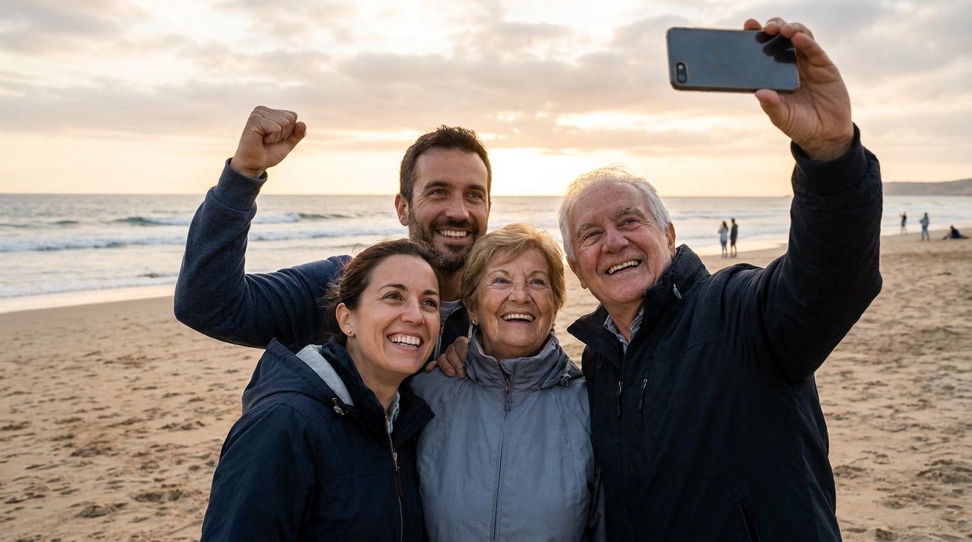 Four people on a beach taking a selfie at sunset, smiling with ocean waves behind them
