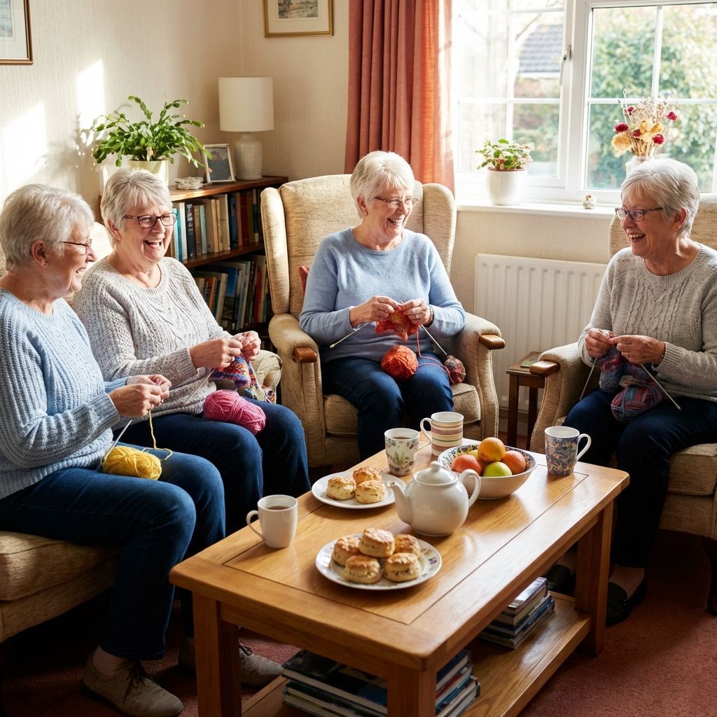 Four women sitting in a cozy living room, knitting and chatting around a tea table.