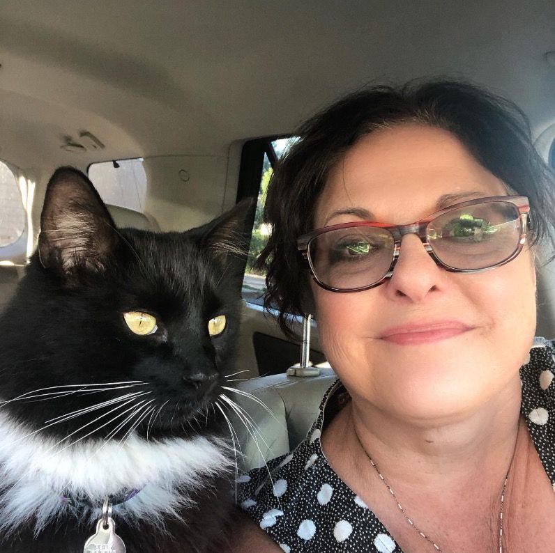 A woman wearing glasses is sitting in a car with a black cat