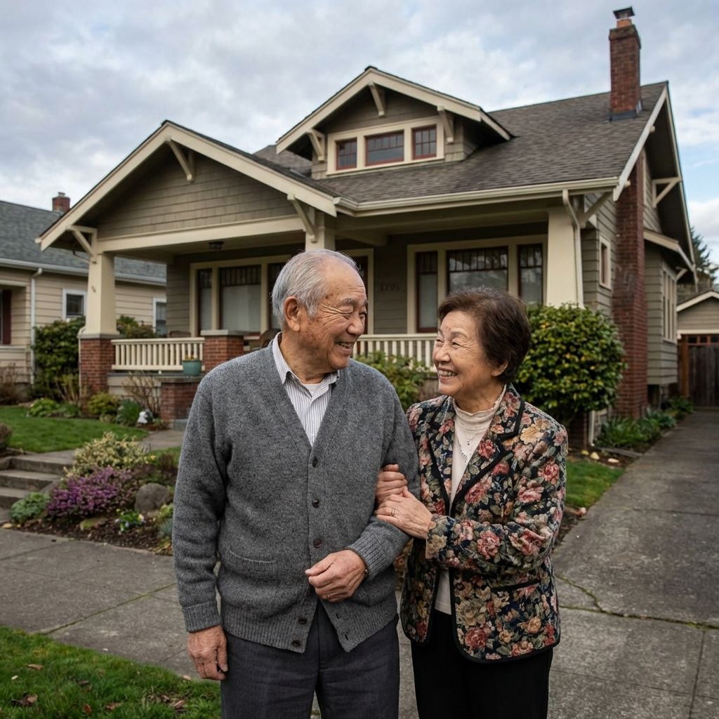 Smiling couple arm in arm in front of a gray house with a porch and garden