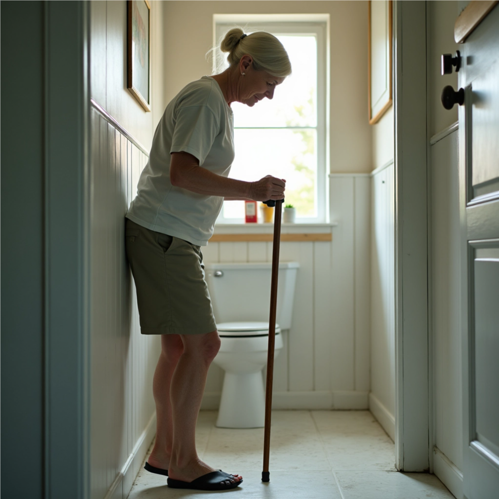 Elder woman leaning against a wall steadying herself with a cane