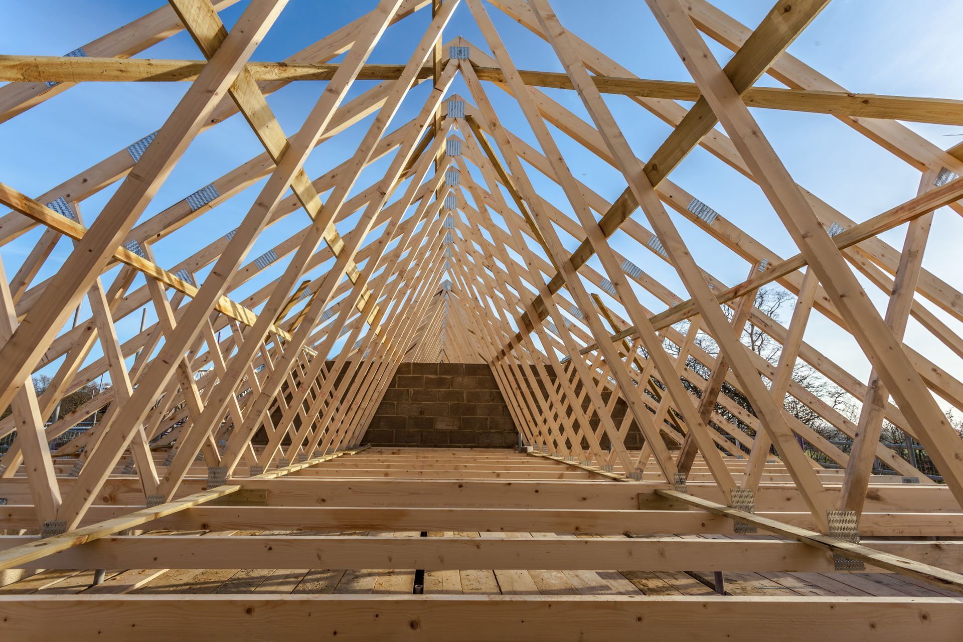 Charpente de toit en bois se détachant sur un ciel bleu, encadrant une structure de toit triangulaire.