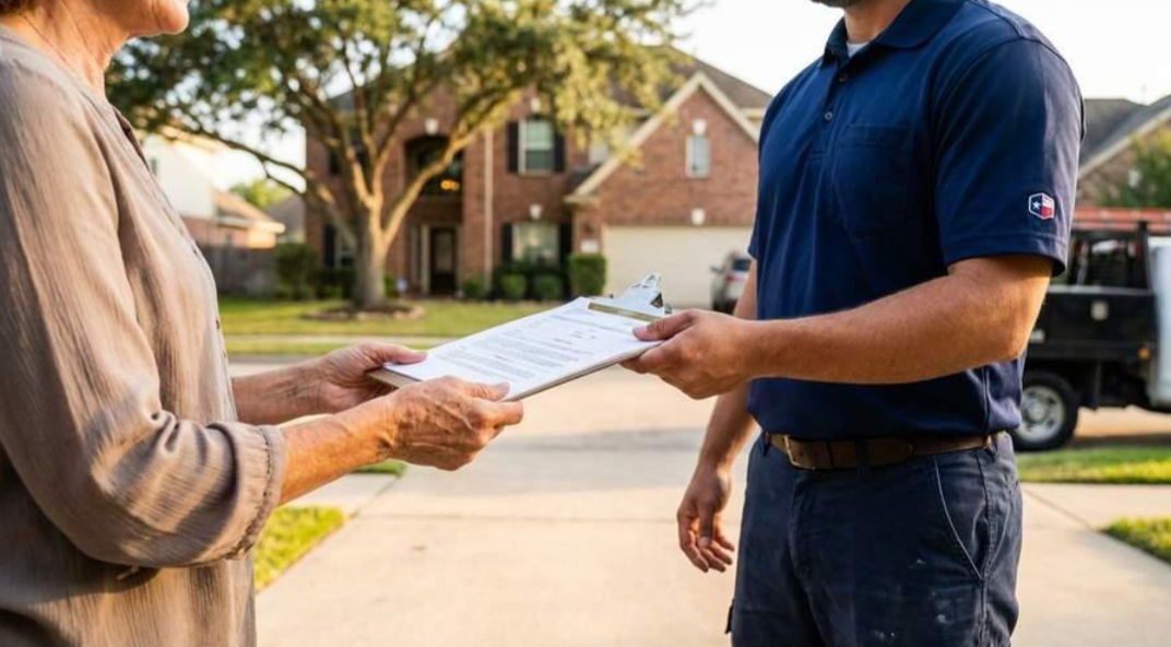 Two people exchanging paperwork in a suburban driveway, one holding a clipboard.
