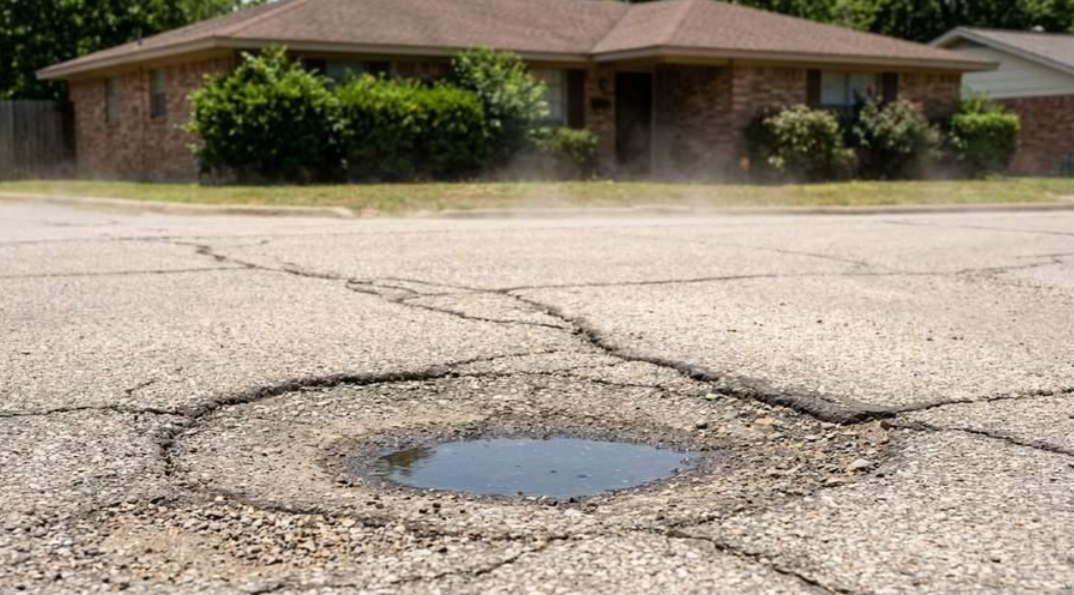 Cracked asphalt road with a large pothole filled with water in front of a house