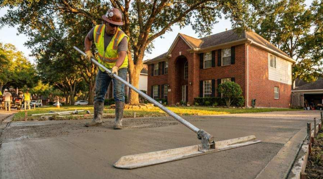 Worker painting a curb with a long roller outside a brick building on a sunny street.