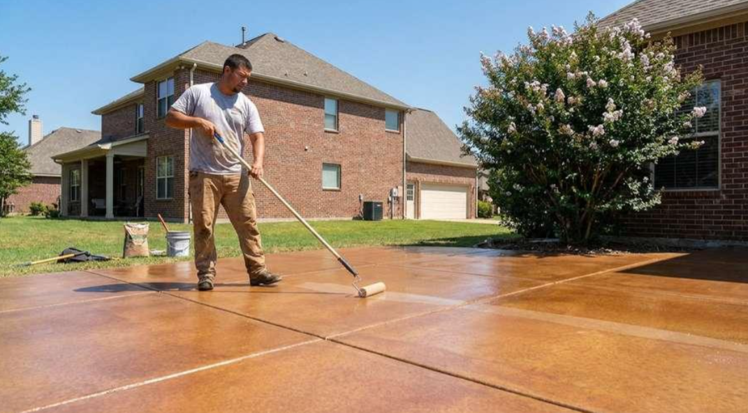 Person pressure-washes a wet concrete driveway beside a brick house.