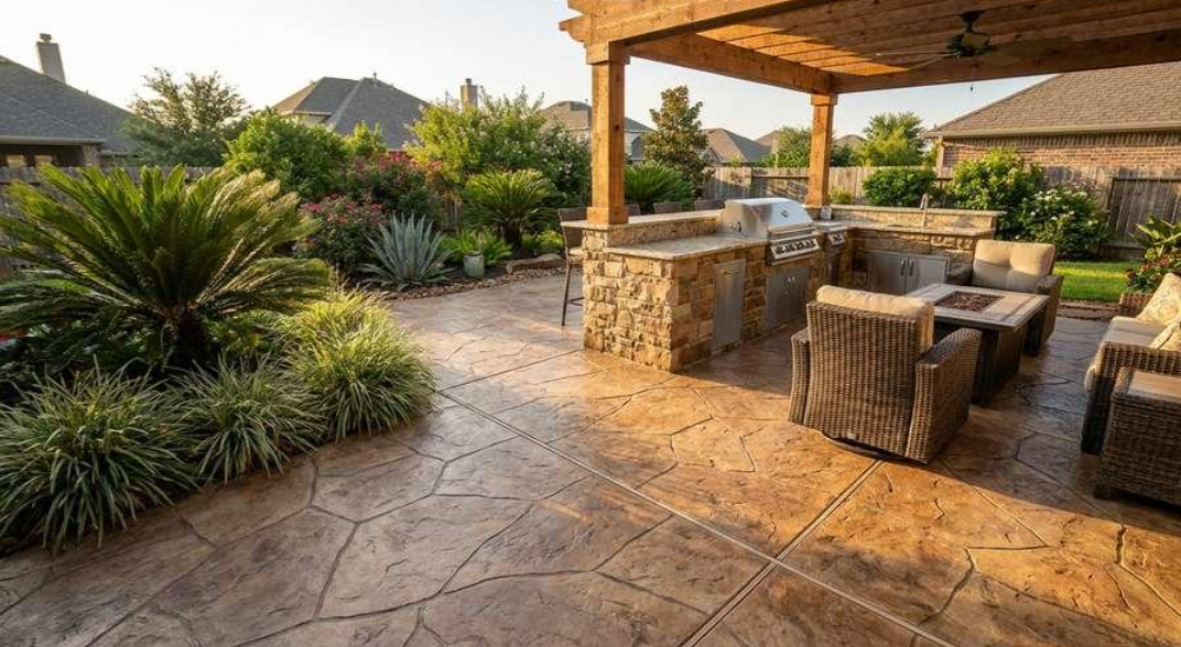 Stone patio with outdoor seating and bar under a pergola, surrounded by lush landscaping at sunset
