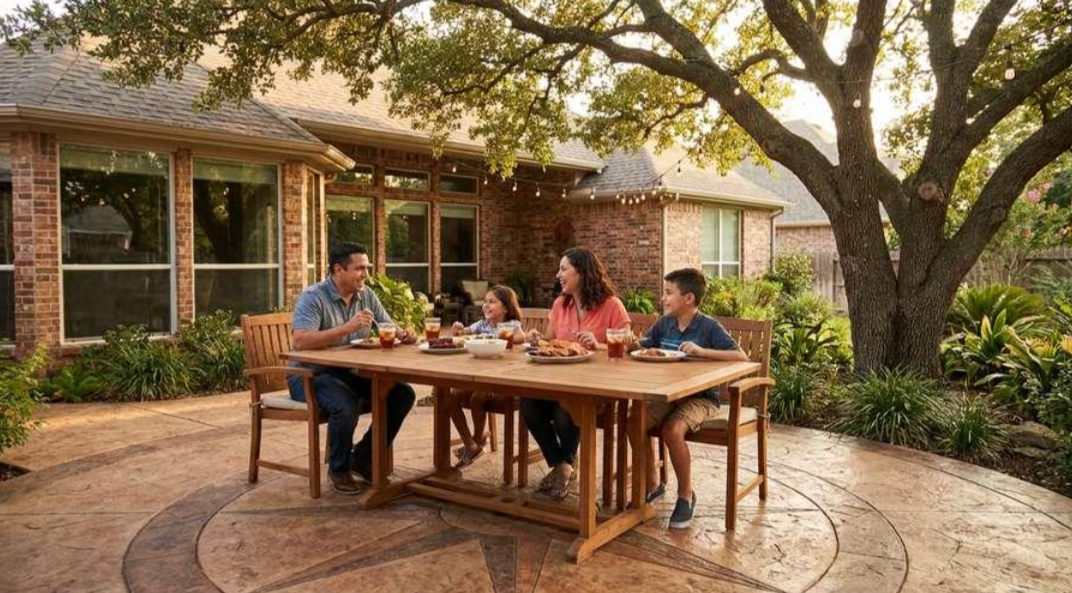 Three people sit at a wooden table outdoors on a brick patio under a large tree