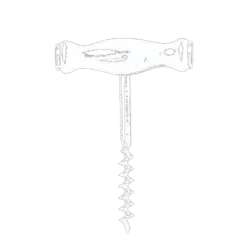 A black and white drawing of a corkscrew with a wooden handle.