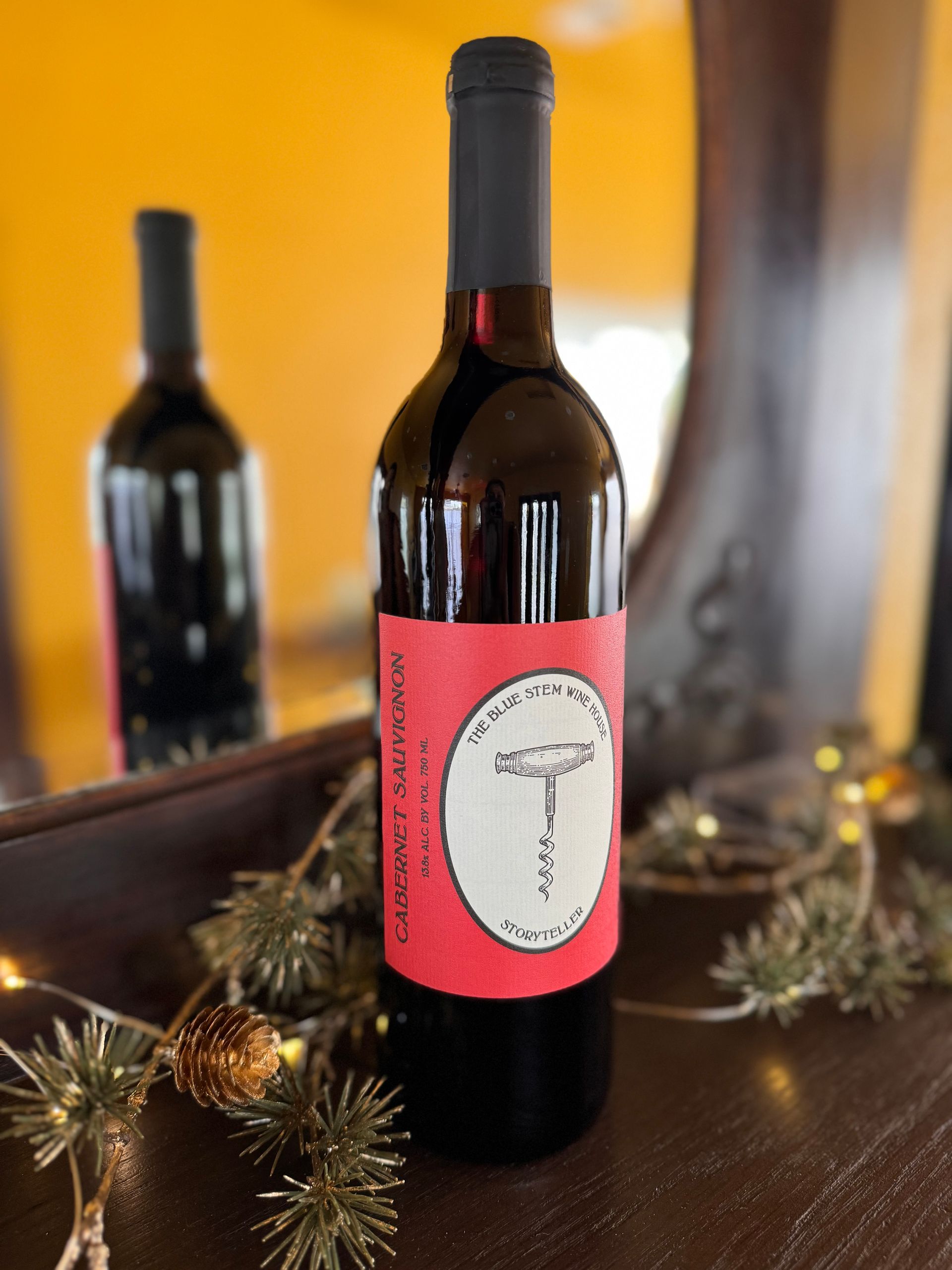 A bottle of Chardonney with the Blue Stem Winehouse label
