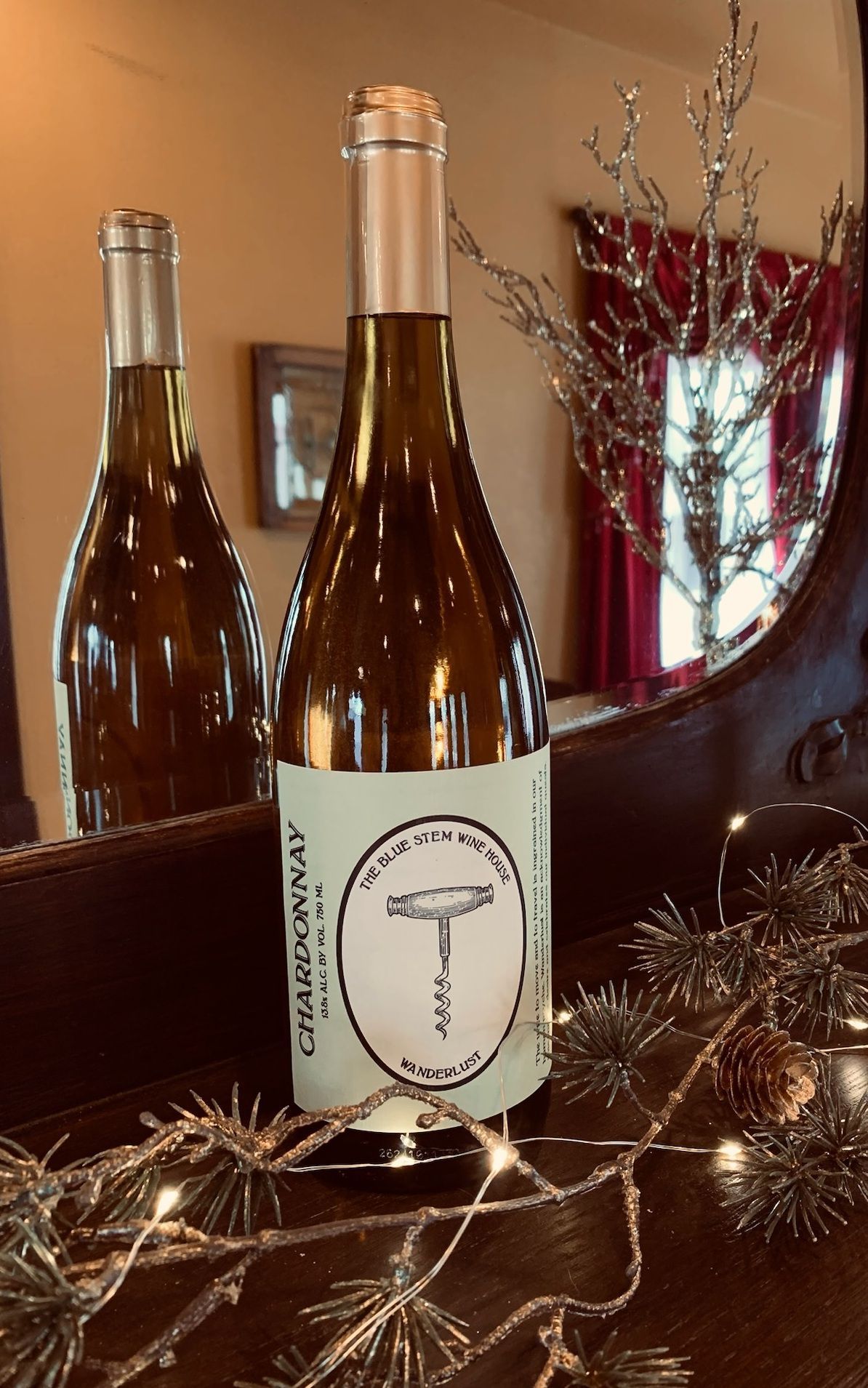 A bottle of Chardonnay with the Blue Stem Winehouse label