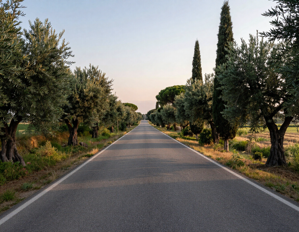 Strada italiana al mattino in paesaggio mediterraneo