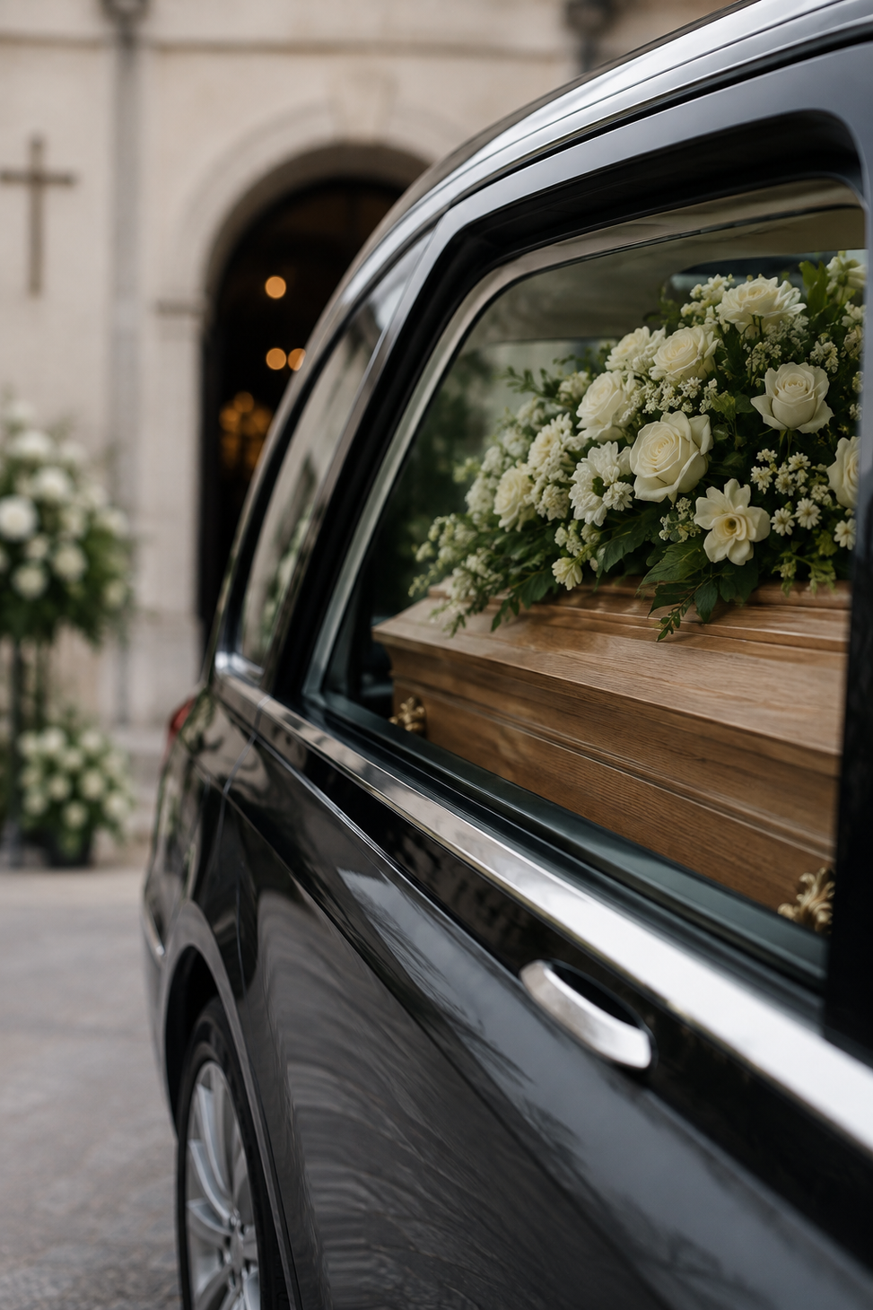 Autofunebre elegante parcheggiata all'esterno di un edificio in luce mattutina