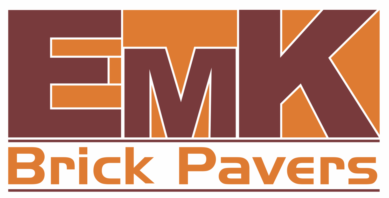 EMK Brick Pavers logo in orange and brown text on white background
