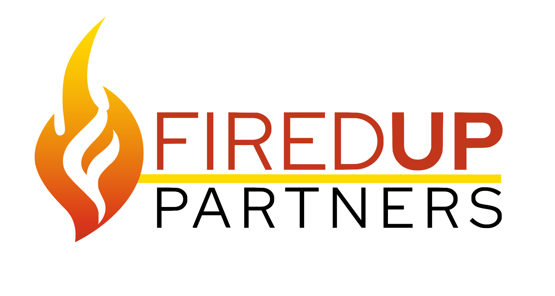 Fired Up Partners logo featuring a stylized flame icon with bold orange and black text.”
