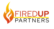 Fired Up Partners logo featuring a stylized flame icon with bold orange and black text.” 